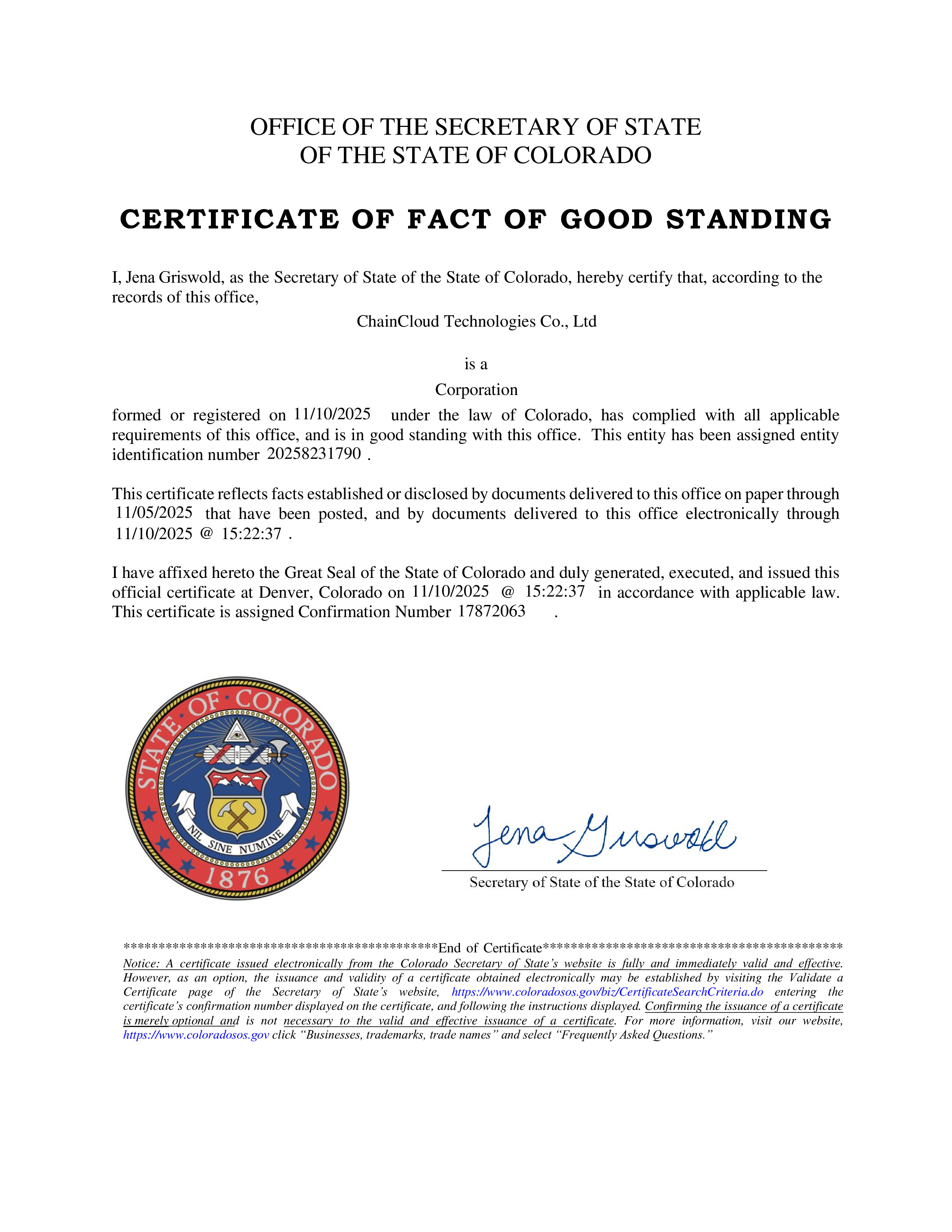 Good Standing Certificate